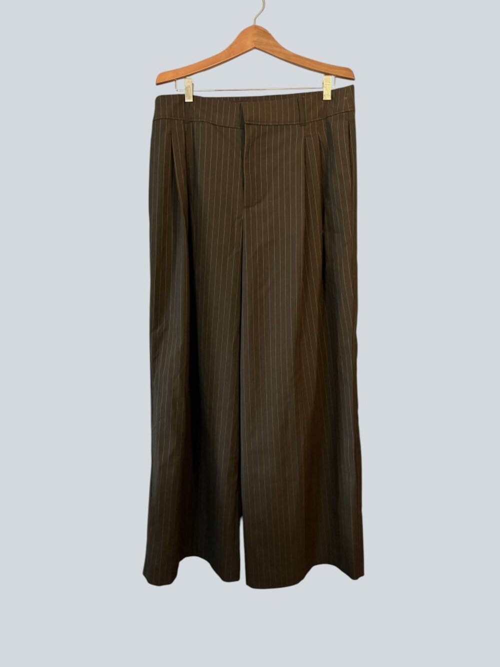 Zara Brown Pinstripe Pleated Wide Leg Trousers High Rise XL 4661/547